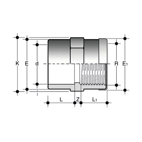 Disegno tecnico del raccordo raccordi di passaggio MIMV