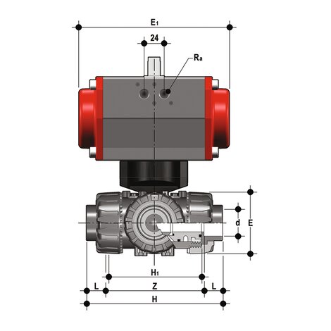 TKDIC/CP DA - VALVOLA A SFERA A 3 VIE DUAL BLOCK® A COMANDO PNEUMATICO DN 10:50