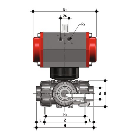 TKDJV/CP DA - Valvola a sfera a 3 vie DUAL BLOCK® a comando pneumatico DN 10:50