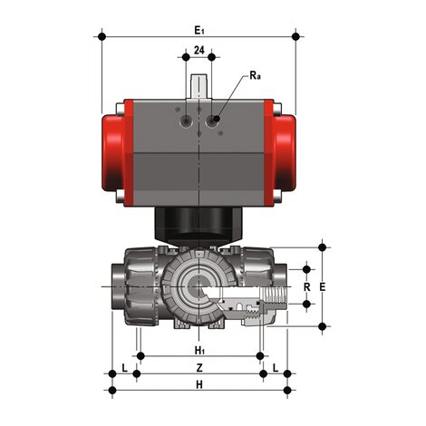 LKDFV/CP SA - Valvola a sfera a 3 vie DUAL BLOCK® a comando pneumatico DN 10:50