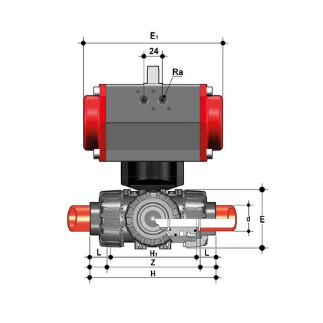 LKDIM/CP DA - VALVOLA A SFERA A 3 VIE DUAL BLOCK® A COMANDO PNEUMATICO DN 10:50