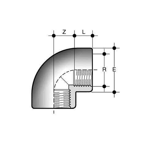 Disegno tecnico del gomito a 90° GFV