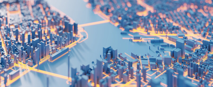 modellino di città con simulazione luminosa di reti di cablaggio