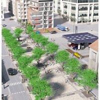 immagine 3D di un viale alberato in un contesto urbano
