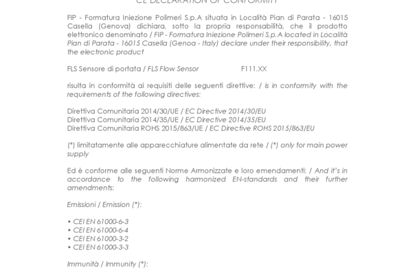 EMC 2014/30/EU Electromagnetic Compatibility Directive – LVD 2014/35/EU Low Voltage Directive - RoHS 2015/863/EU Restriction of Hazardous Substances-F111.XX  