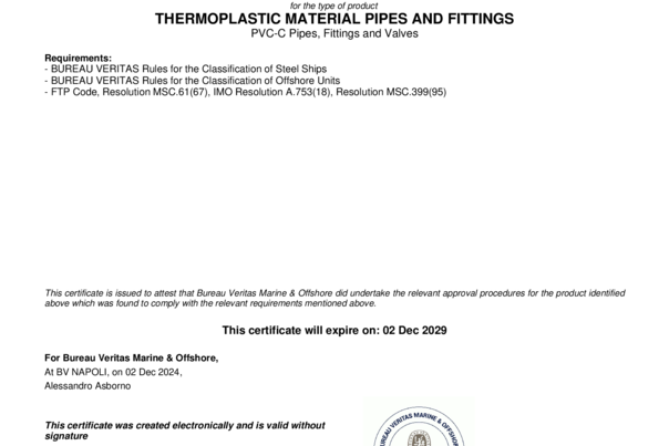 APPROVAZIONI APPLICAZIONI NAVALI - Approvazione di tipo per uso navale emessa da ente francese Bureau Veritas per ns.range PVC-C