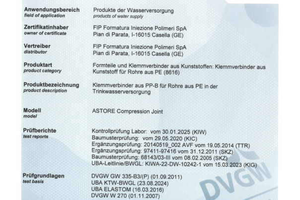 COMPRESSION FITTINGS - Certificate of conformity issued by German DVGW for Astore compression fittings d20-32