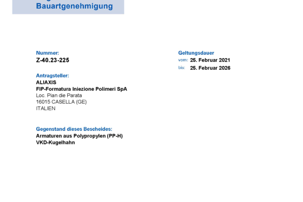 BALL MANUAL VALVES - Certificate for industrial applications of VKD PP issued by DIBt Germany