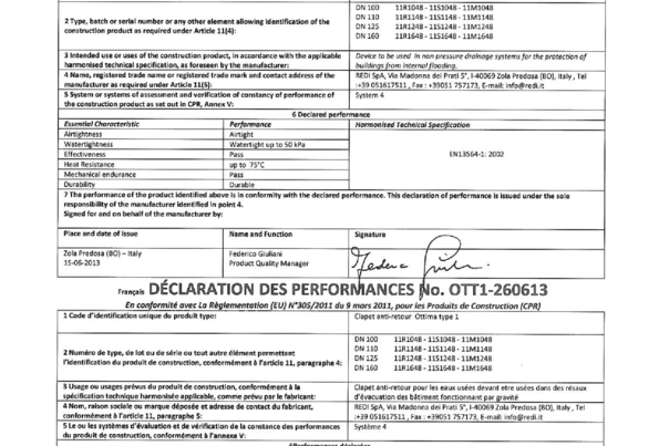 DoP Valvola antiriflusso Ottima type 1
