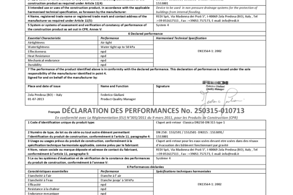 DoP Valvola antiriflusso Classica Ø250 Ø315 type 1