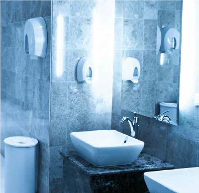 Aliaxis-Italia-acque-nere-e-grigie vista di un lavabo in un bagno