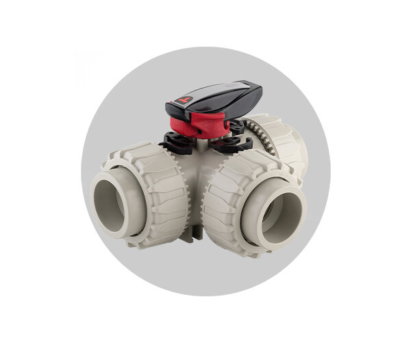 Valvola TKD Dual Block in PP-H Immagine della valvola a sfera a 3 vie TKD DUAL BLOCK in PP-H