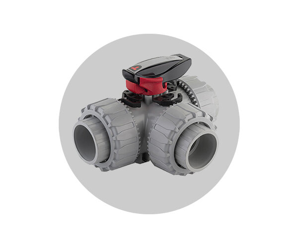 Valvola TKD Dual Block in PVC-C Immagine della valvola a sfera a 3 vie TKD DUAL BLOCK in PVC-C
