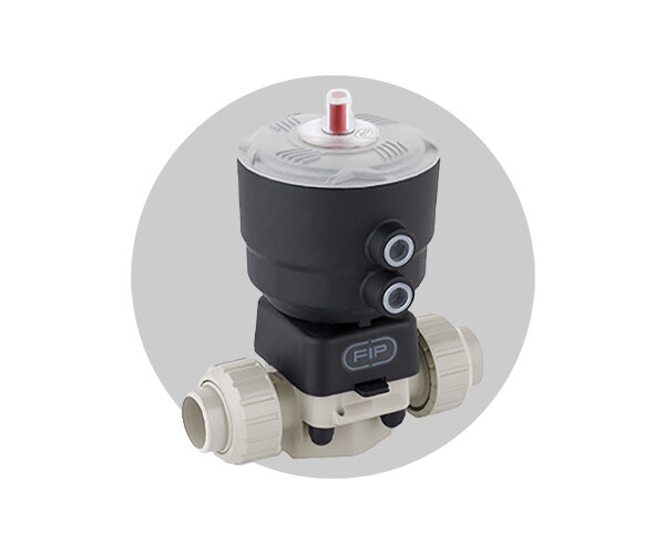 Valvola DK/CP DN 15:65 in PP-H Immagine della valvola attuata pneumaticamente DK DIALOCK in PP-H