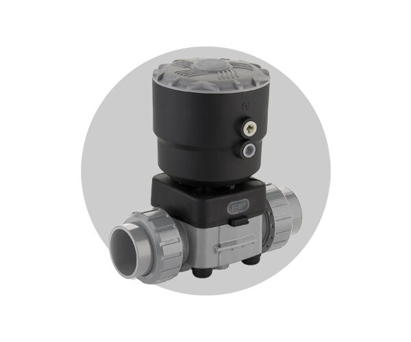 Valvola DKB/CP DN 15:65 in PVC-C Immagine della valvola attuata pneumaticamente DKB/CP in PVC-C
